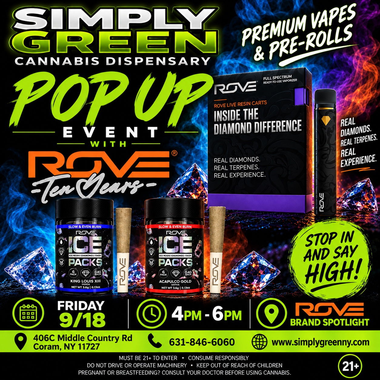 Simply Green and Rove pop-up event poster with cannabis vape and pre-roll products