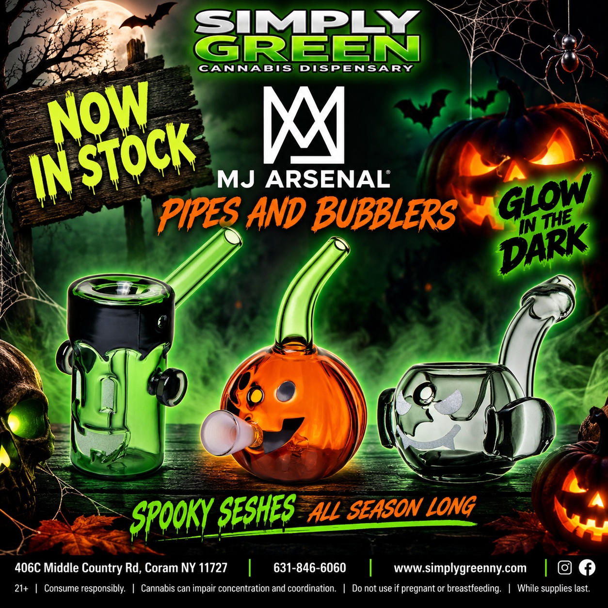 Simply Green and MJ Arsenal Halloween-themed poster showing novelty pipes and bubblers