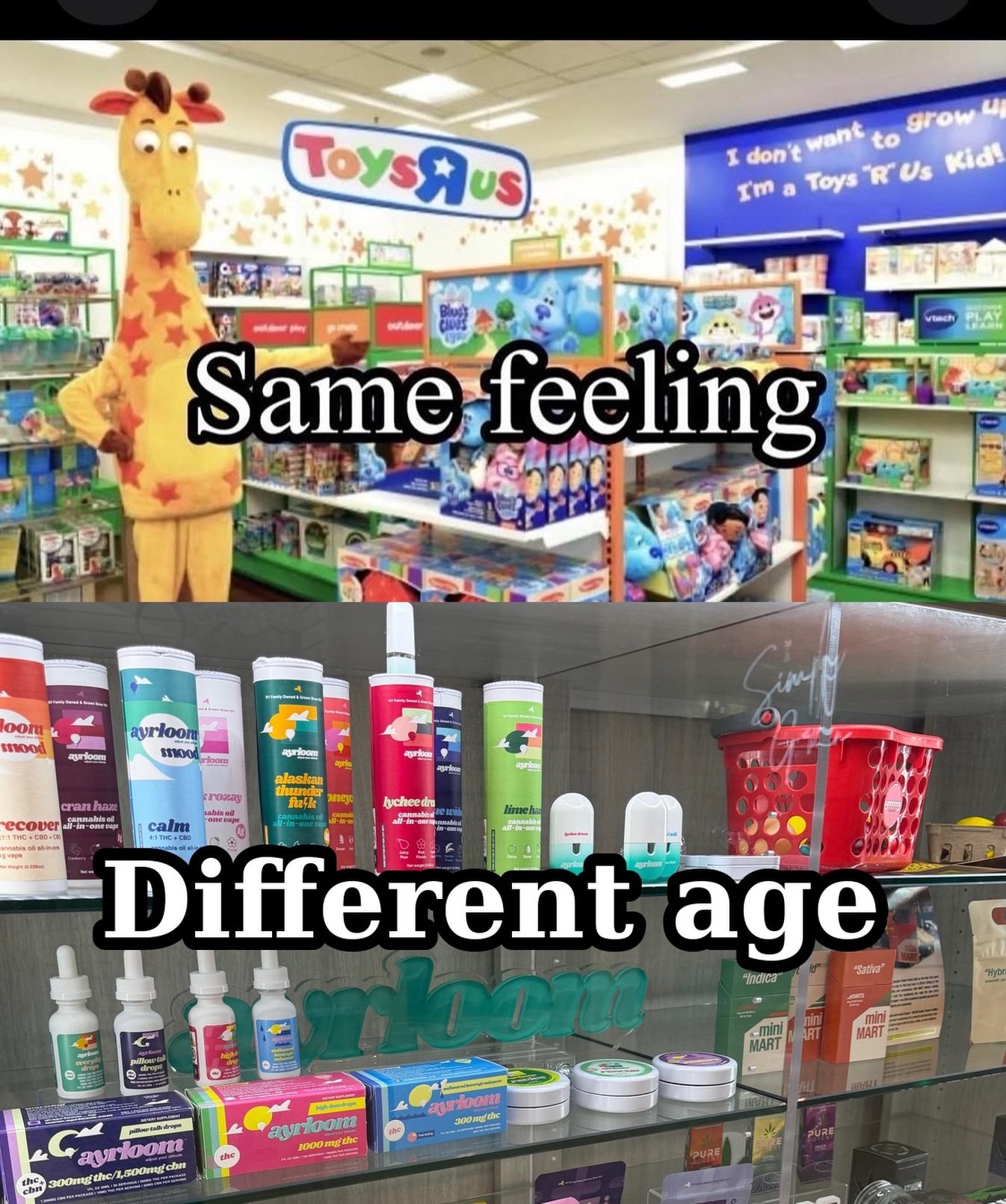 Two-panel comparison of a Toys R Us aisle and a Simply Green dispensary display