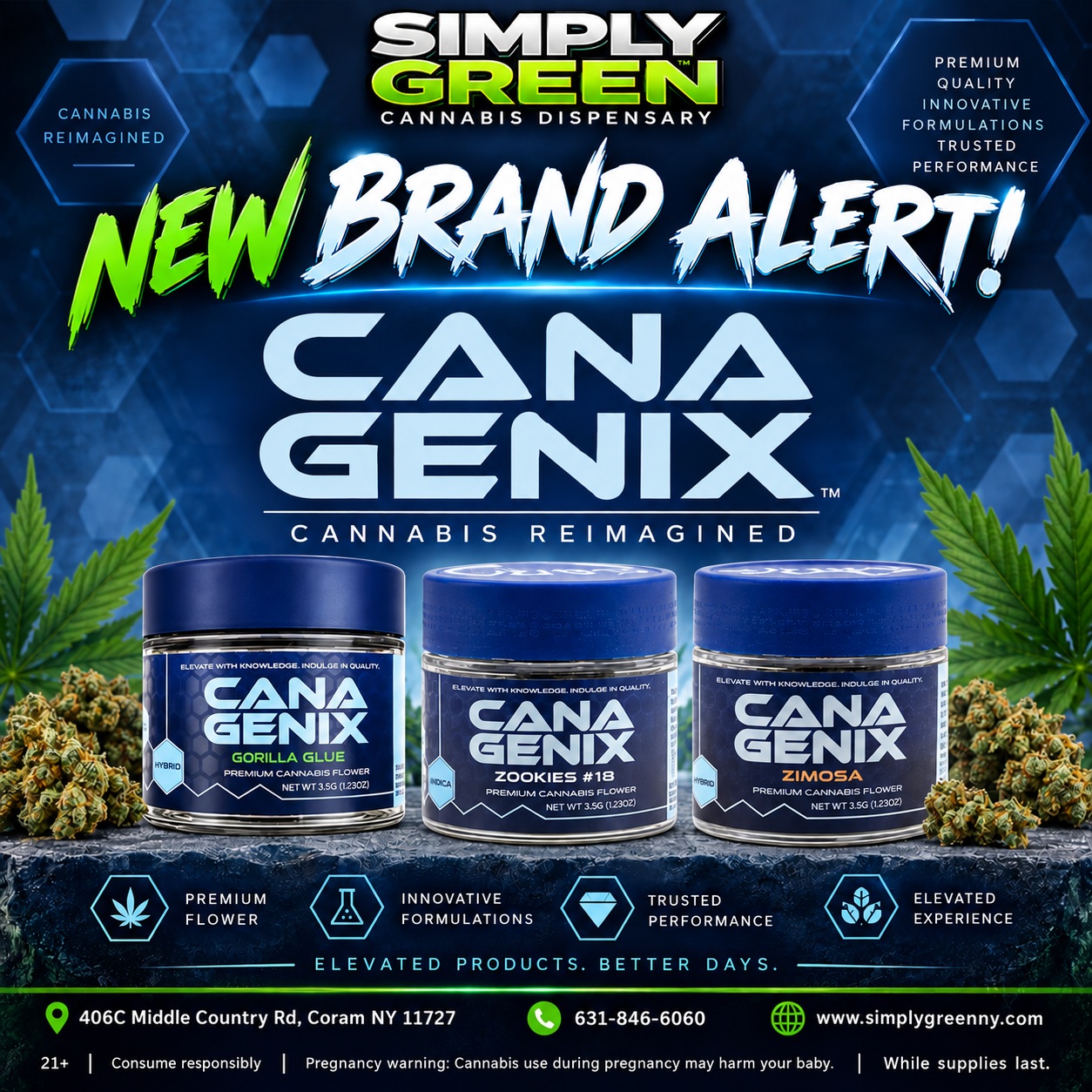 Simply Green Cana Genix new brand alert poster showing three cannabis flower jars