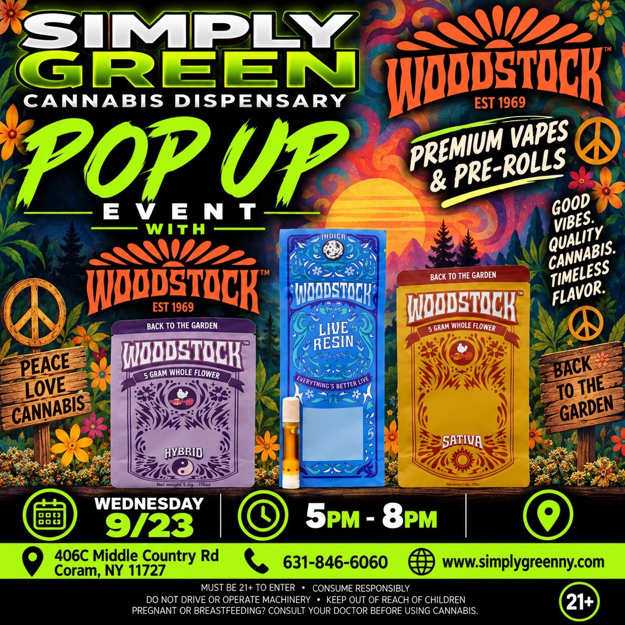 Simply Green and Woodstock pop-up event poster with flower and live resin products for September 23